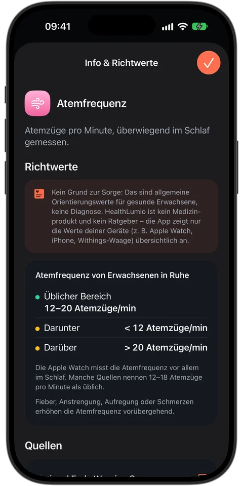 Info und Richtwerte zur Atemfrequenz: üblicher Bereich 12 bis 20 Atemzüge pro Minute, mit Quellen