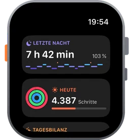 Apple Watch: Tagesblick im Smart Stack – morgens die letzte Nacht mit 7 Stunden 42 Minuten, tagsüber Ringe und Schritte